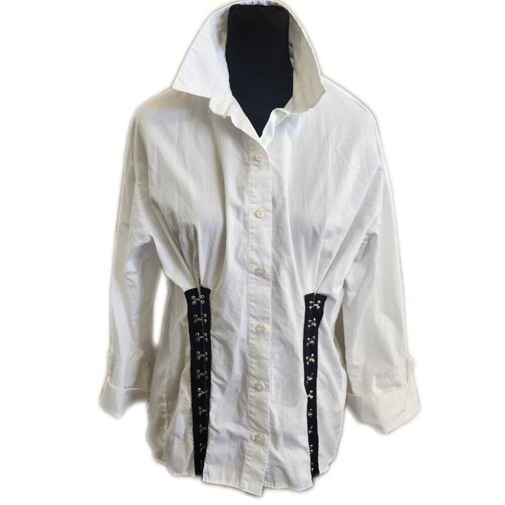 Topshop 100% Cotton Button Down White Blouse, Black Clasp Darting, 10